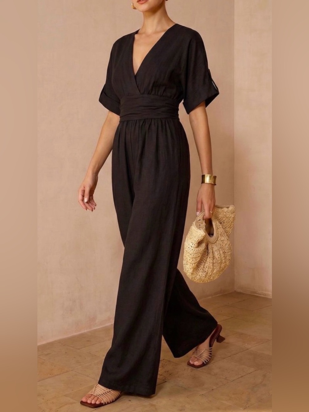 Commense Black V-Neck Wide-Leg Jumpsuit